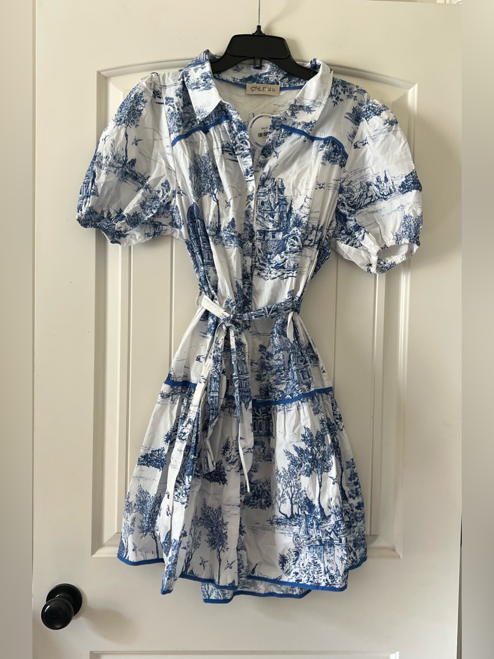 New Style U Francine Toile Stacie Button Down Mini Dress Blue/white toile XL